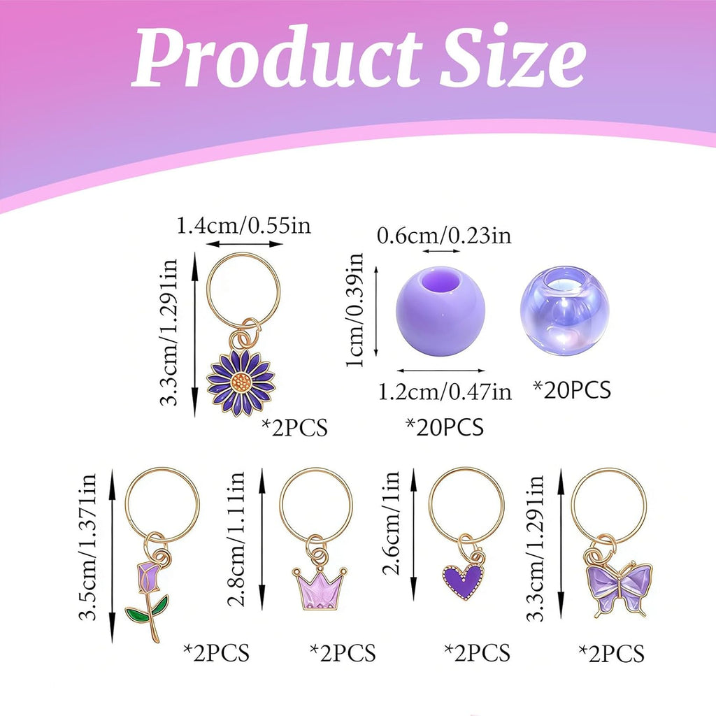 50 pièces de perles violettes pour tresses et dreadlocks – Ensemble d'accessoires de cheveux avec clips fleurs, cœur et couronne – Perles colorées pour filles et femmes – Accessoires de