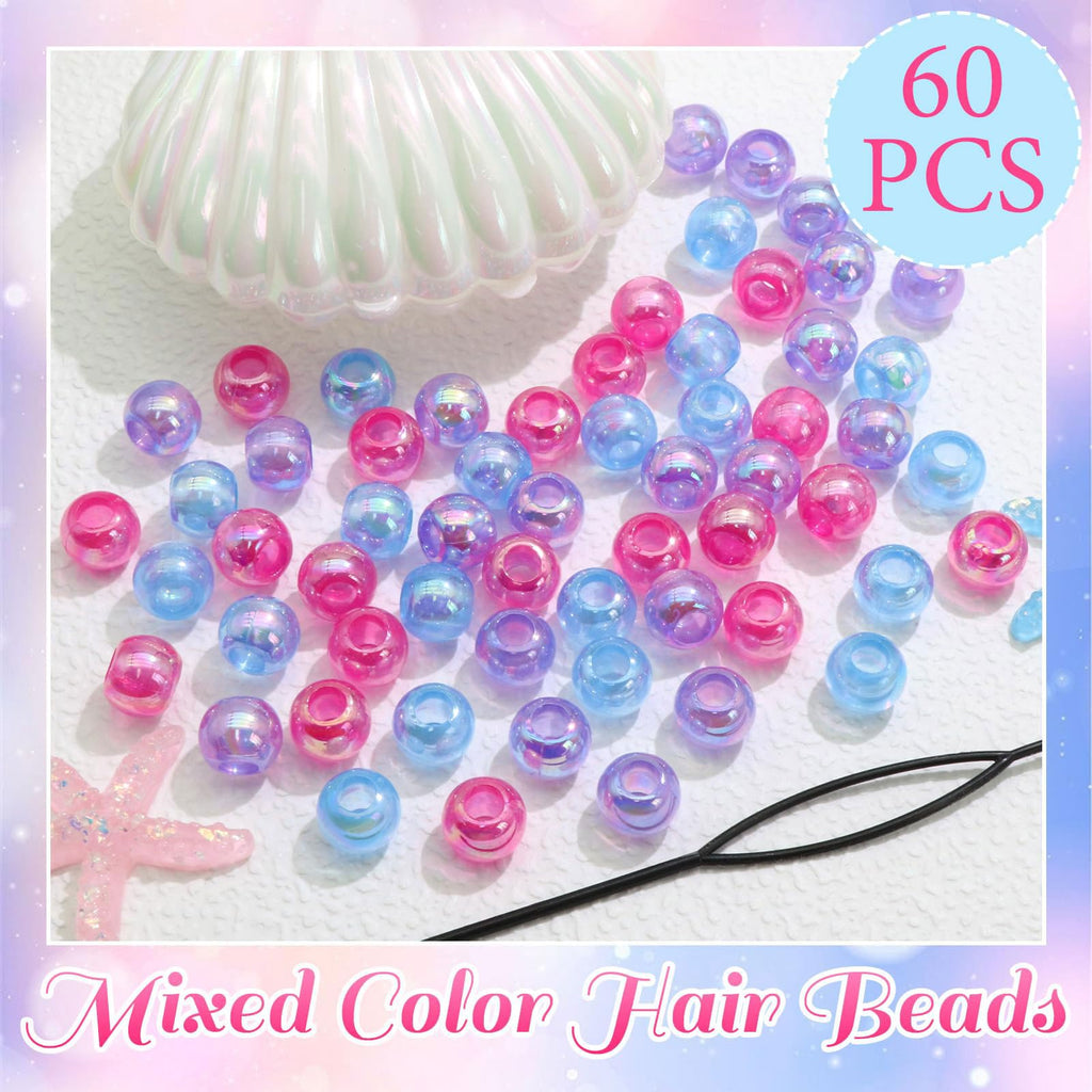 60PCS Perles à Tresser AB Pour Enfants Filles Perles Rondes en Acrylique Bleu Violet Transparent avec Aide à L'Enfilage
