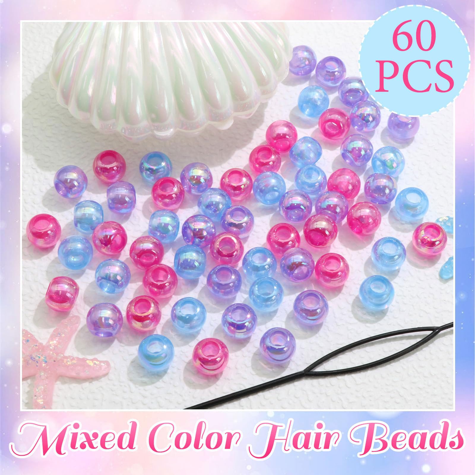 60PCS Perles à Tresser AB Pour Enfants Filles Perles Rondes en Acrylique Bleu Violet Transparent avec Aide à L'Enfilage