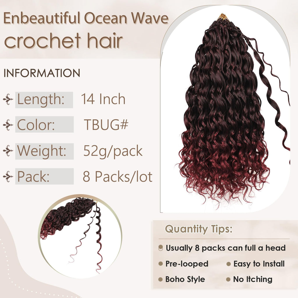 Enbeautiful 14 Inch 8 Packs Pre-Looped Ocean Wave Crochet Hair Pre-Twisted Deep Water Beach Curly Braiding Hair Synthetic Boho Wavy Curly Hair Extensions for Women（14 Inch,TBug）