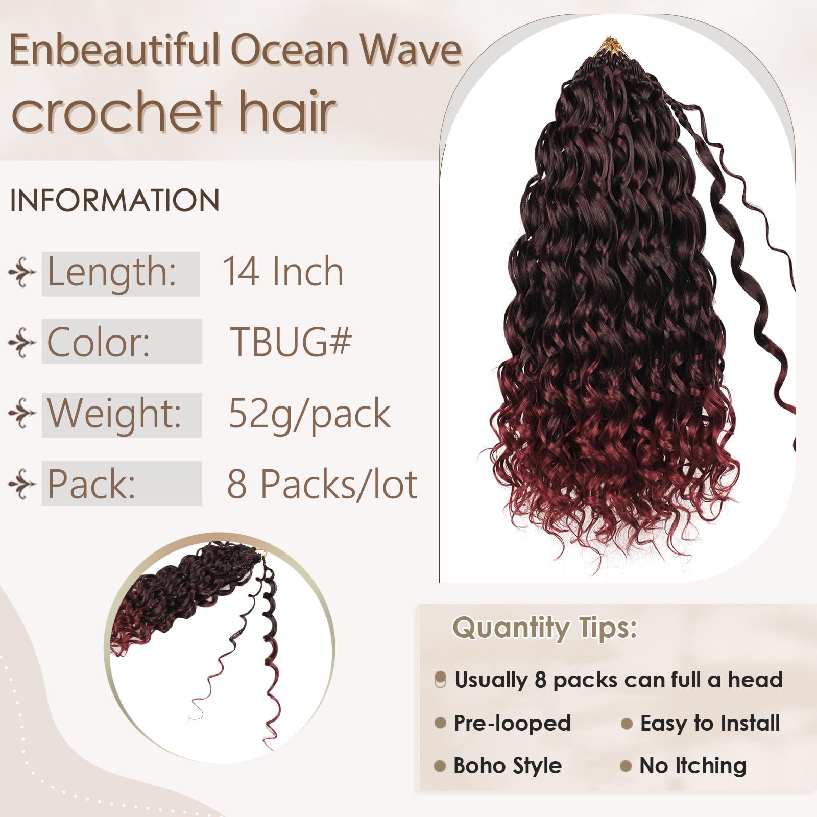 Enbeautiful 14 Inch 8 Packs Pre-Looped Ocean Wave Crochet Hair Pre-Twisted Deep Water Beach Curly Braiding Hair Synthetic Boho Wavy Curly Hair Extensions for Women（14 Inch,TBug）