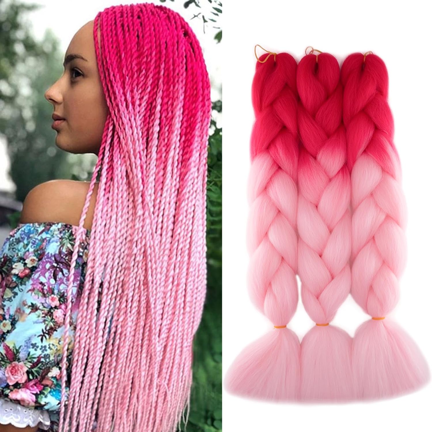 24" Meches pour Tresses Africaine Braids Meches Tresse Cheveux Rajout Cheveux Tressage 1 Paquet Crochet Braids Extension de Cheveux Afro pour Tresse Ombre Synthétiques (Rose)