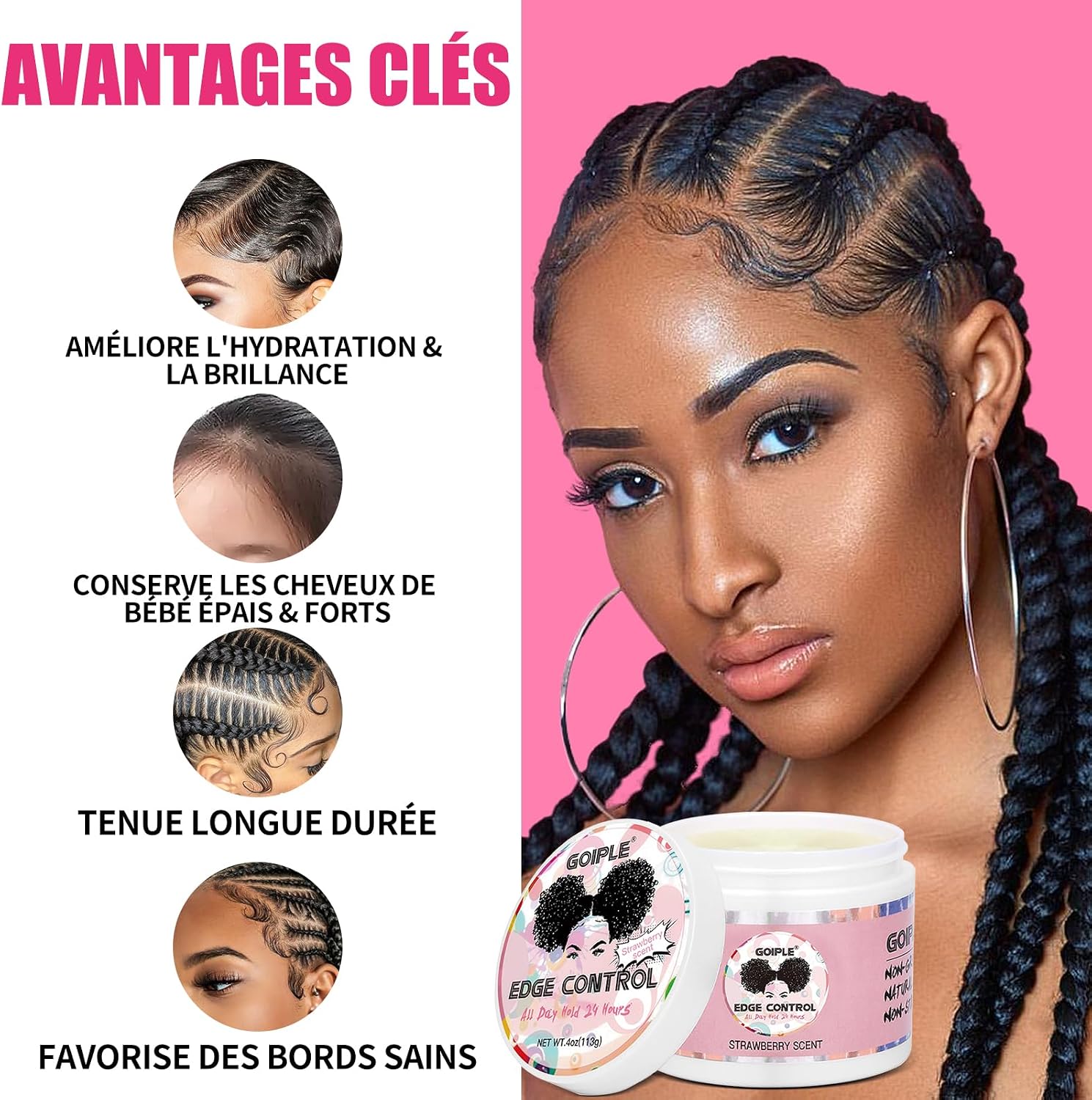 Edge Control Wax for Femmes Forte Tenue -Cire Cheveux Gel pour Cheveux Noirs - Huile Capillaire à la Rose & Ricin pour la Pousse des Cheveux Huile Capillaire Fortifiante Ensemble