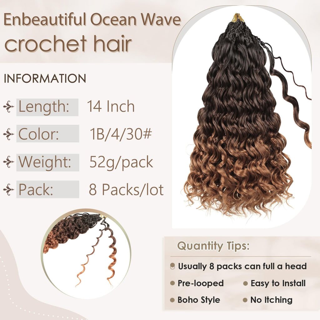 Enbeautiful 14 Inch 8 Packs Pre-Looped Ocean Wave Crochet Hair Pre-Twisted Deep Water Beach Curly Braiding Hair Synthetic Boho Wavy Curly Hair Extensions for Women（14 Inch,TBug）