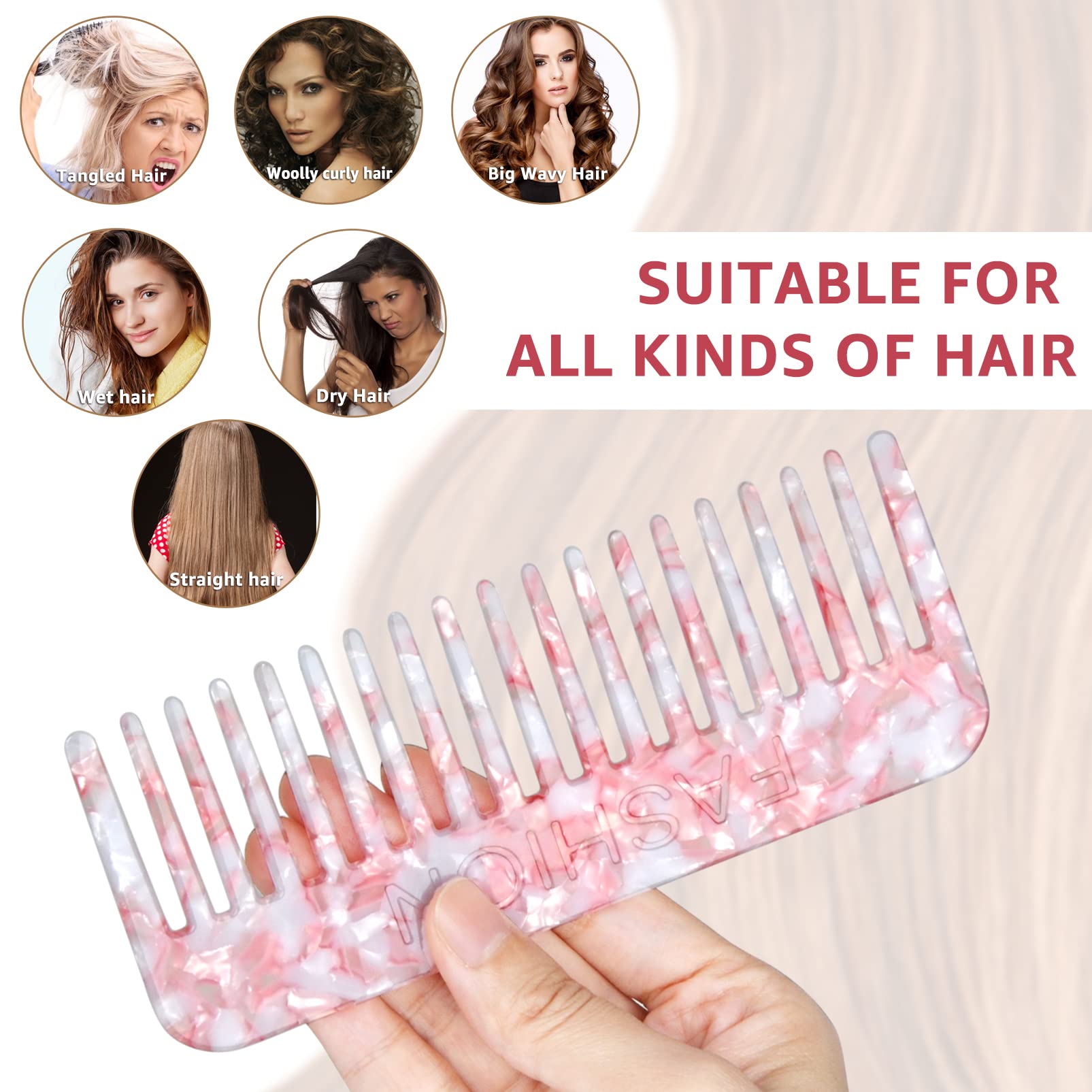 Peigne Démêloir Grosse Dent Large Brosse Cheveux Bouclés Résistant à la Chaleur Peignes Antistatiques en Fibre pour Cheveux Longs Mouillés ou Bouclés pour Femmes Enfants Barbier (Marron/Blanc)