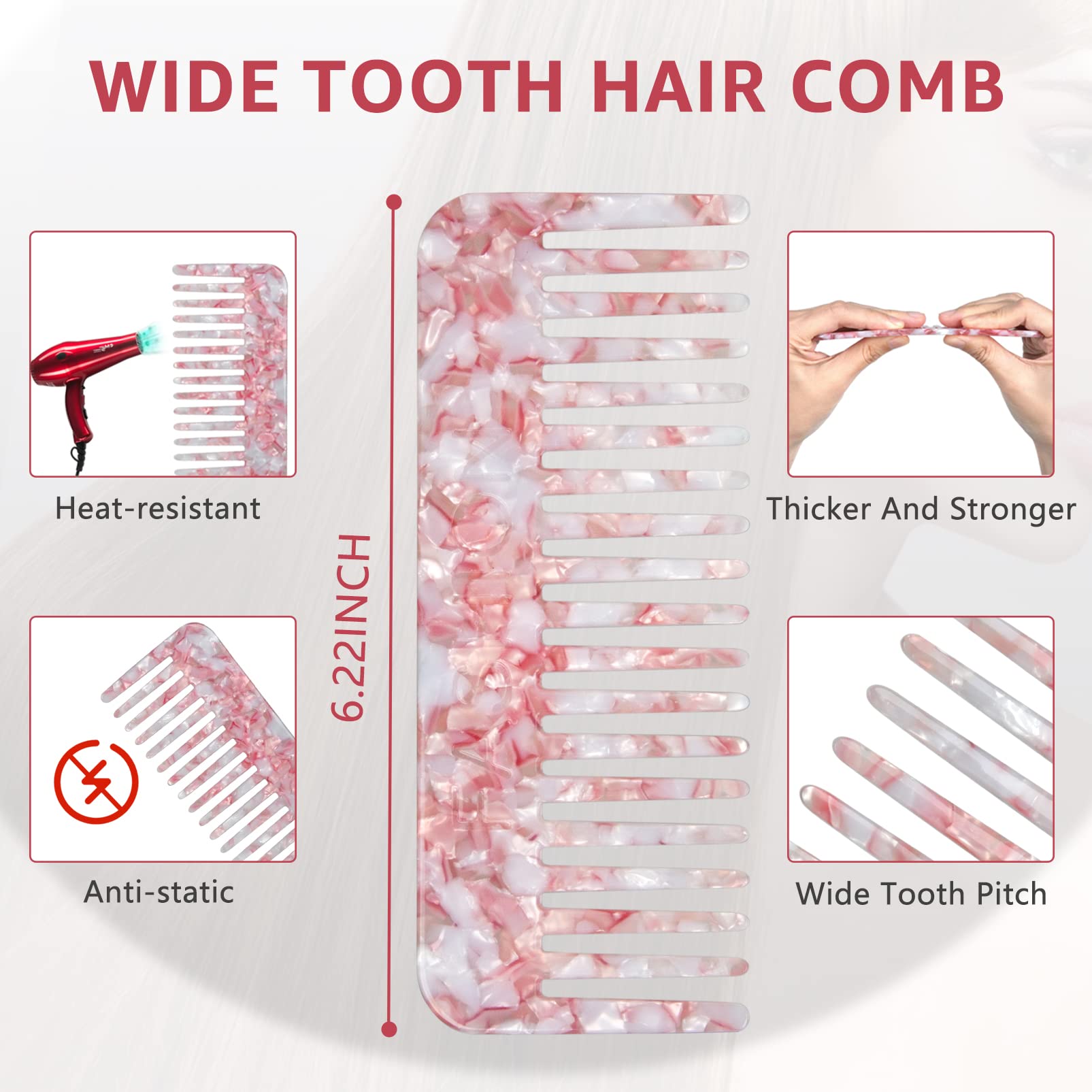 Peigne Démêloir Grosse Dent Large Brosse Cheveux Bouclés Résistant à la Chaleur Peignes Antistatiques en Fibre pour Cheveux Longs Mouillés ou Bouclés pour Femmes Enfants Barbier (Marron/Blanc)