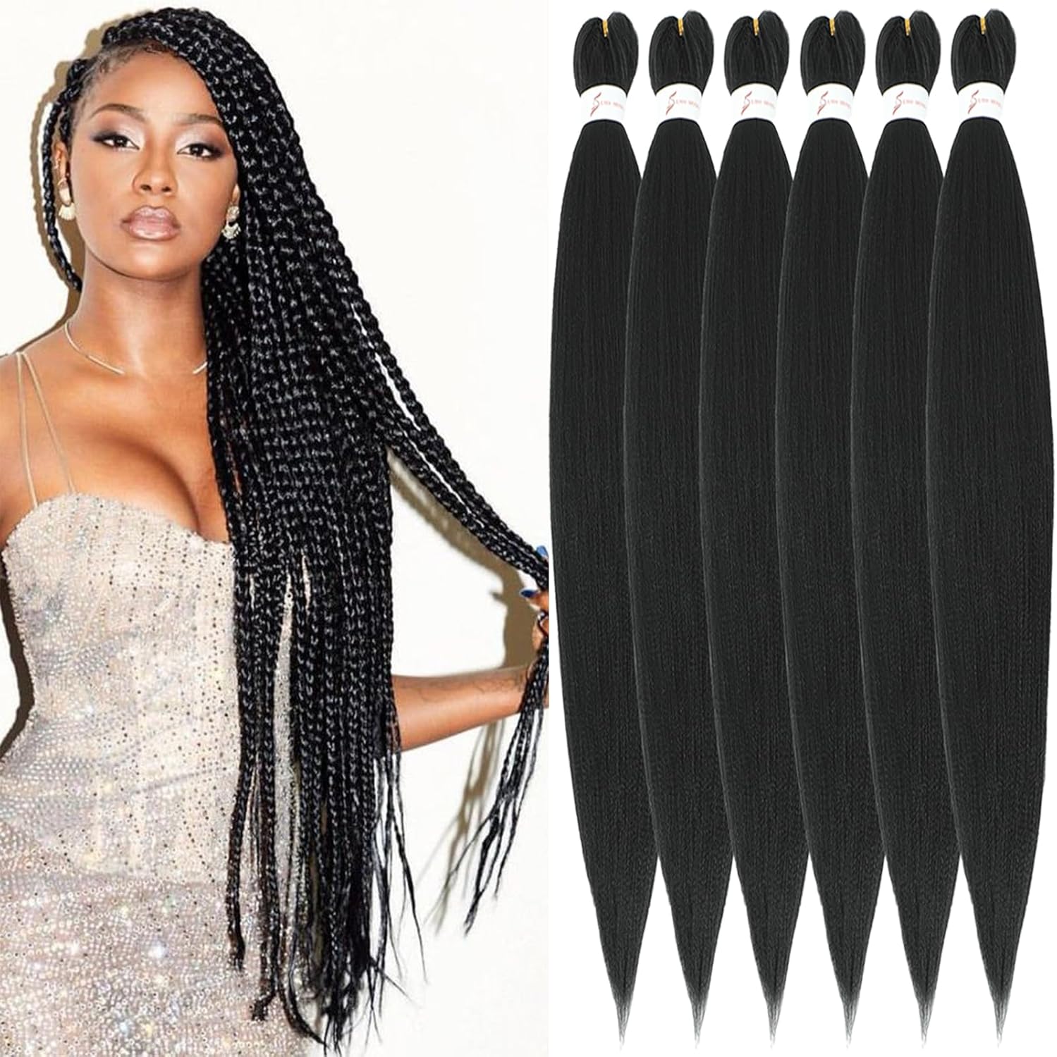 Rajout Cheveux Tressés Pré-étirés Noir Naturelles Black 30 Pouces Long Kanekalon Easy Braids Meches Cheveux pour Tresses Africaine 6 Paquets Knotless Yaki Nattes Extensions de Cheveux(1B#)
