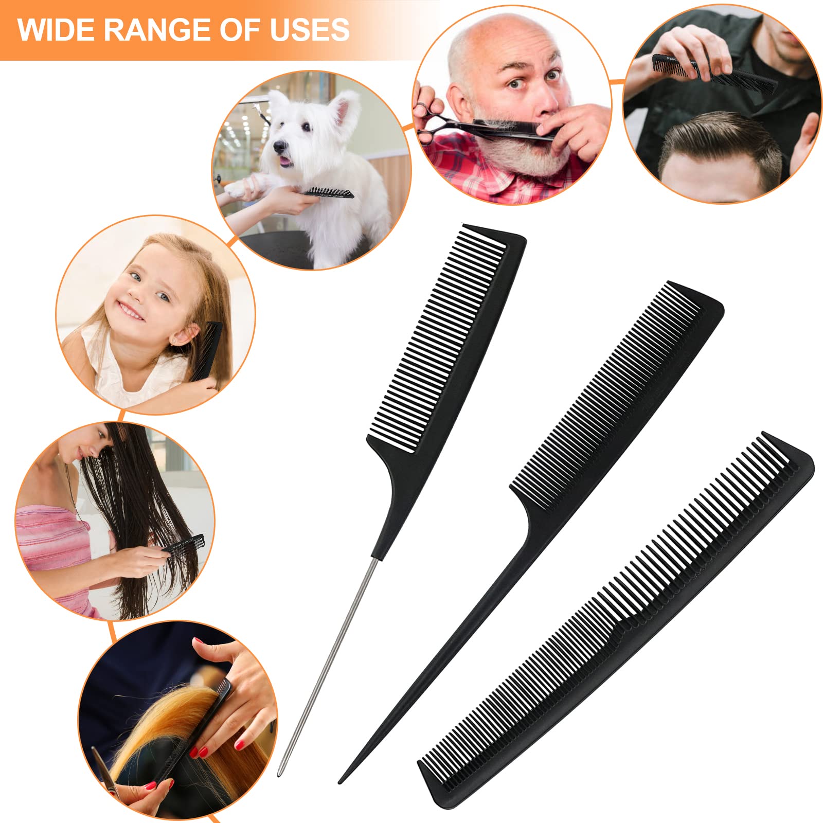 Sularpek 3 PCS Peigne à Queue Antistatique en Fibre de Carbone, Coiffant, de Séparation, à Queue de Rat pour Cheveux de Salon - Femmes et Hommes