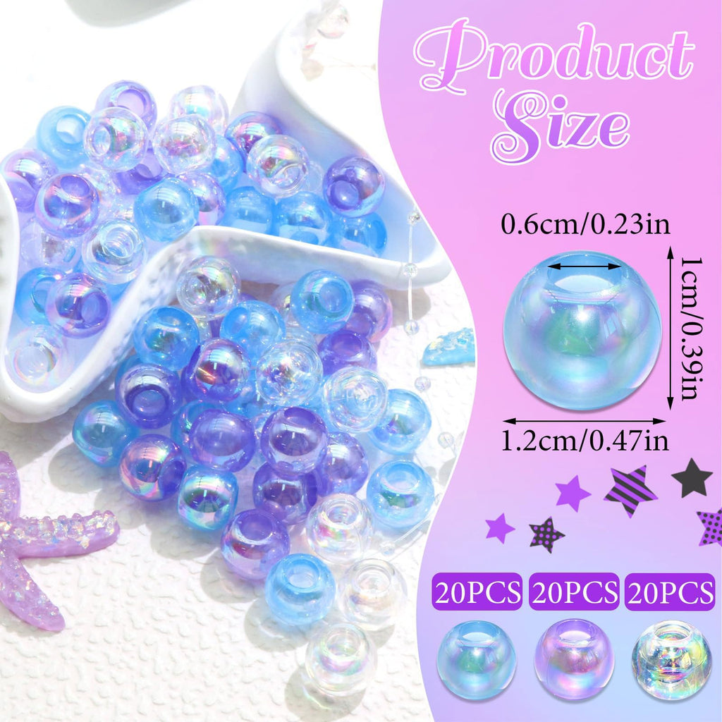 60PCS Perles à Tresser AB Pour Enfants Filles Perles Rondes en Acrylique Bleu Violet Transparent avec Aide à L'Enfilage