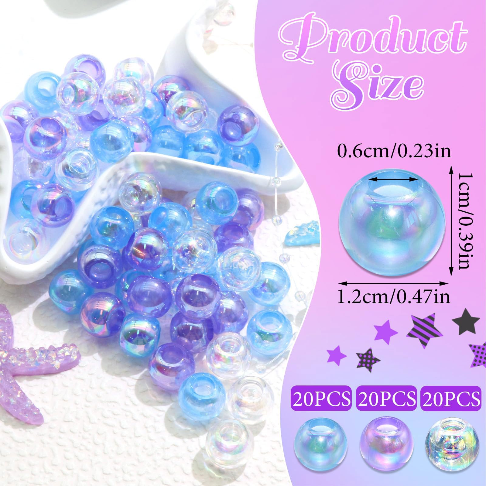 60PCS Perles à Tresser AB Pour Enfants Filles Perles Rondes en Acrylique Bleu Violet Transparent avec Aide à L'Enfilage