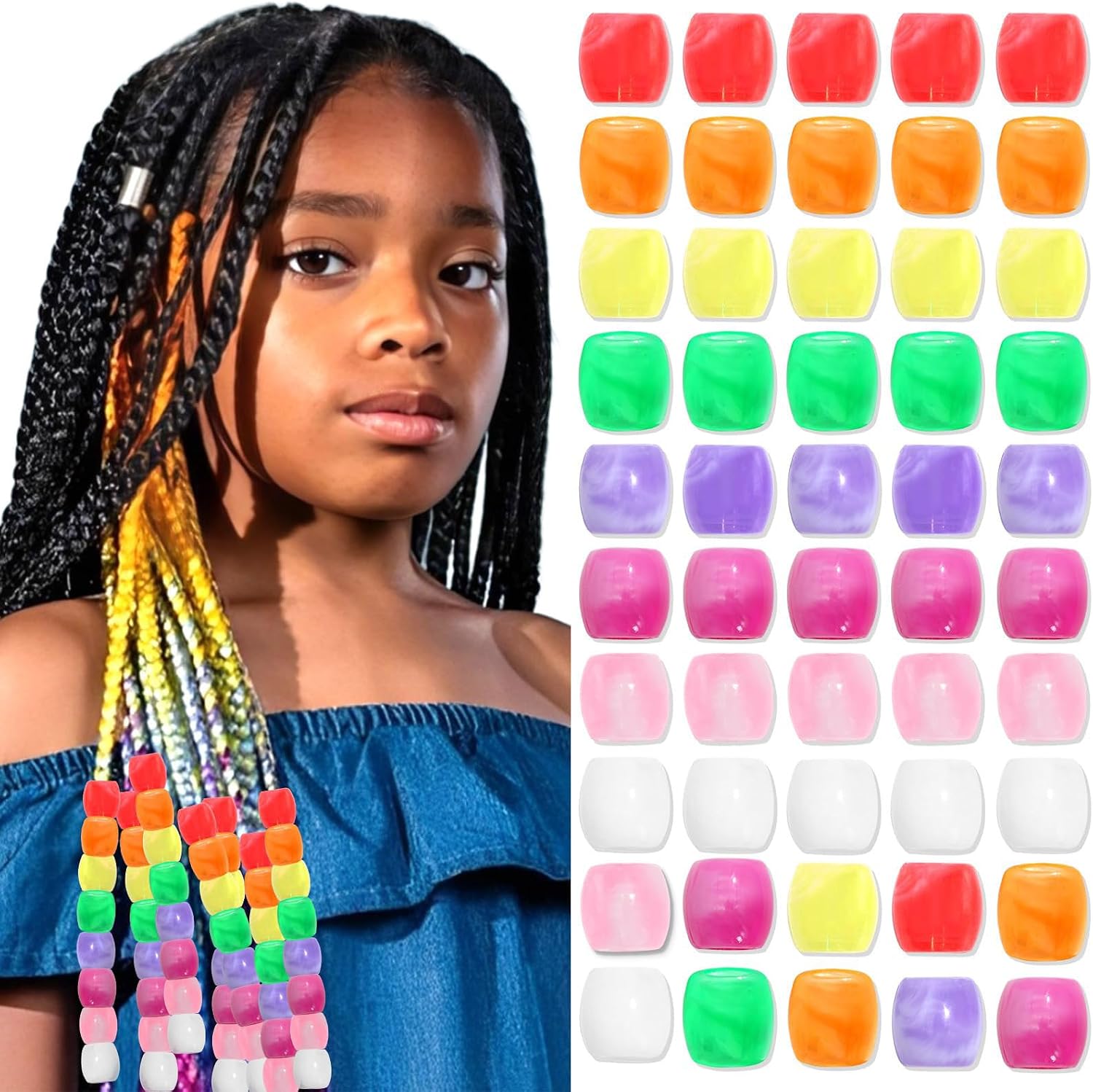 50PCS Perles à Cheveux Transparentes pour Tresses, Grosses Perles en Acrylique, Accessoires pour Dreadlocks, Bijoux pour Cheveux pour Enfants Filles avec Aide à