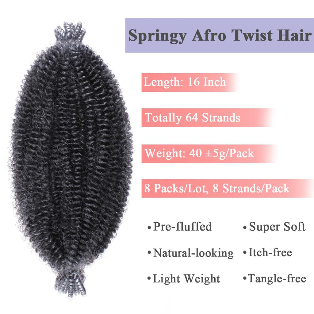 Leeven 16 Pouces Pre Separated Springy Twist Hair 8 Packs Pre-Fluffed Popping Crochet for Distressed Locs Afro Kinky Curly Marley Braiding Hair Extensions /1B#