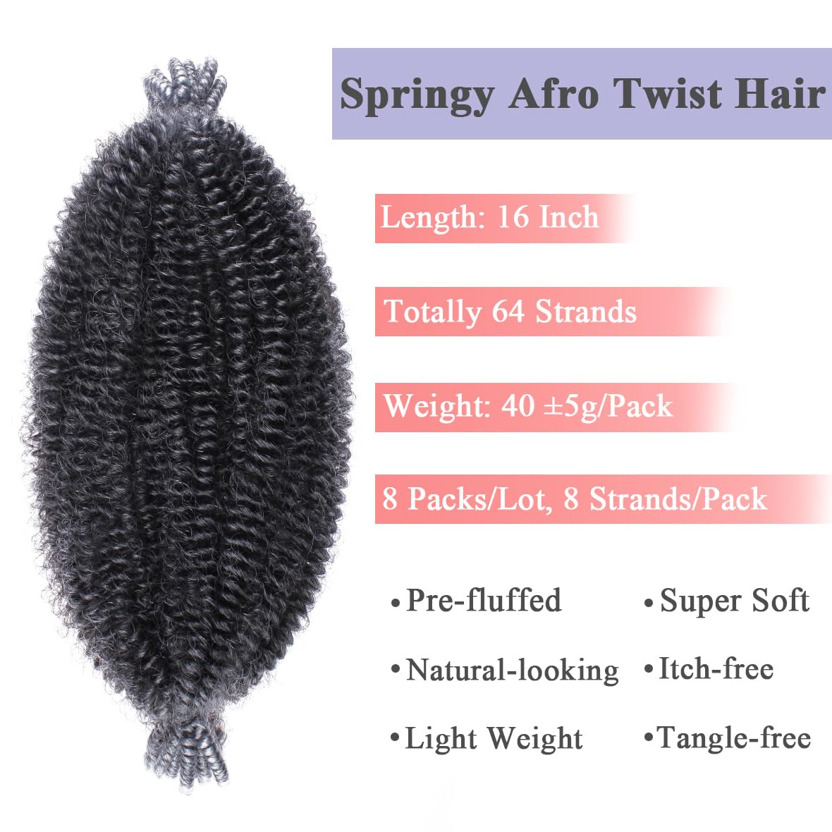 Leeven 16 Pouces Pre Separated Springy Twist Hair 8 Packs Pre-Fluffed Popping Crochet for Distressed Locs Afro Kinky Curly Marley Braiding Hair Extensions /1B#