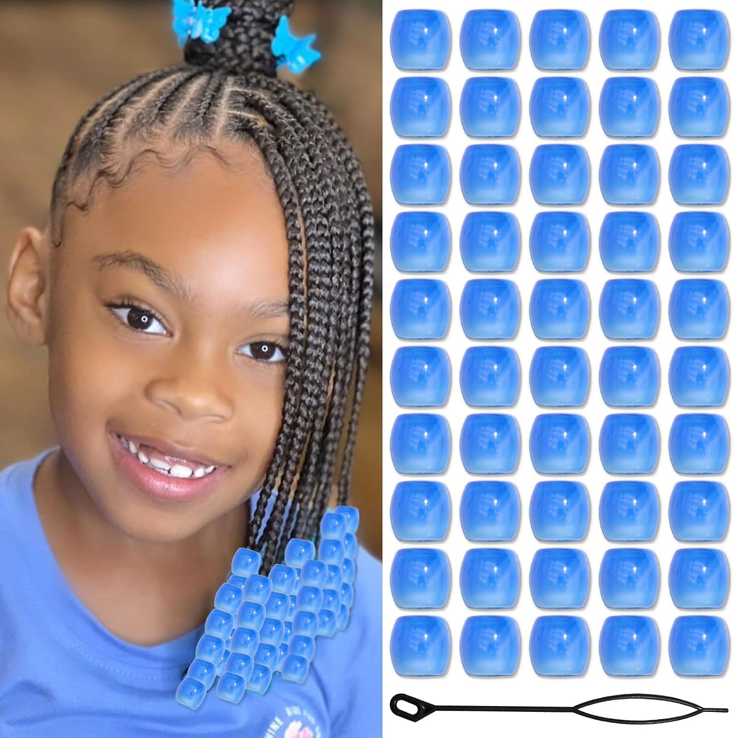 50PCS Perles à Cheveux Transparentes pour Tresses, Grosses Perles en Acrylique, Accessoires pour Dreadlocks, Bijoux pour Cheveux pour Enfants Filles avec Aide à
