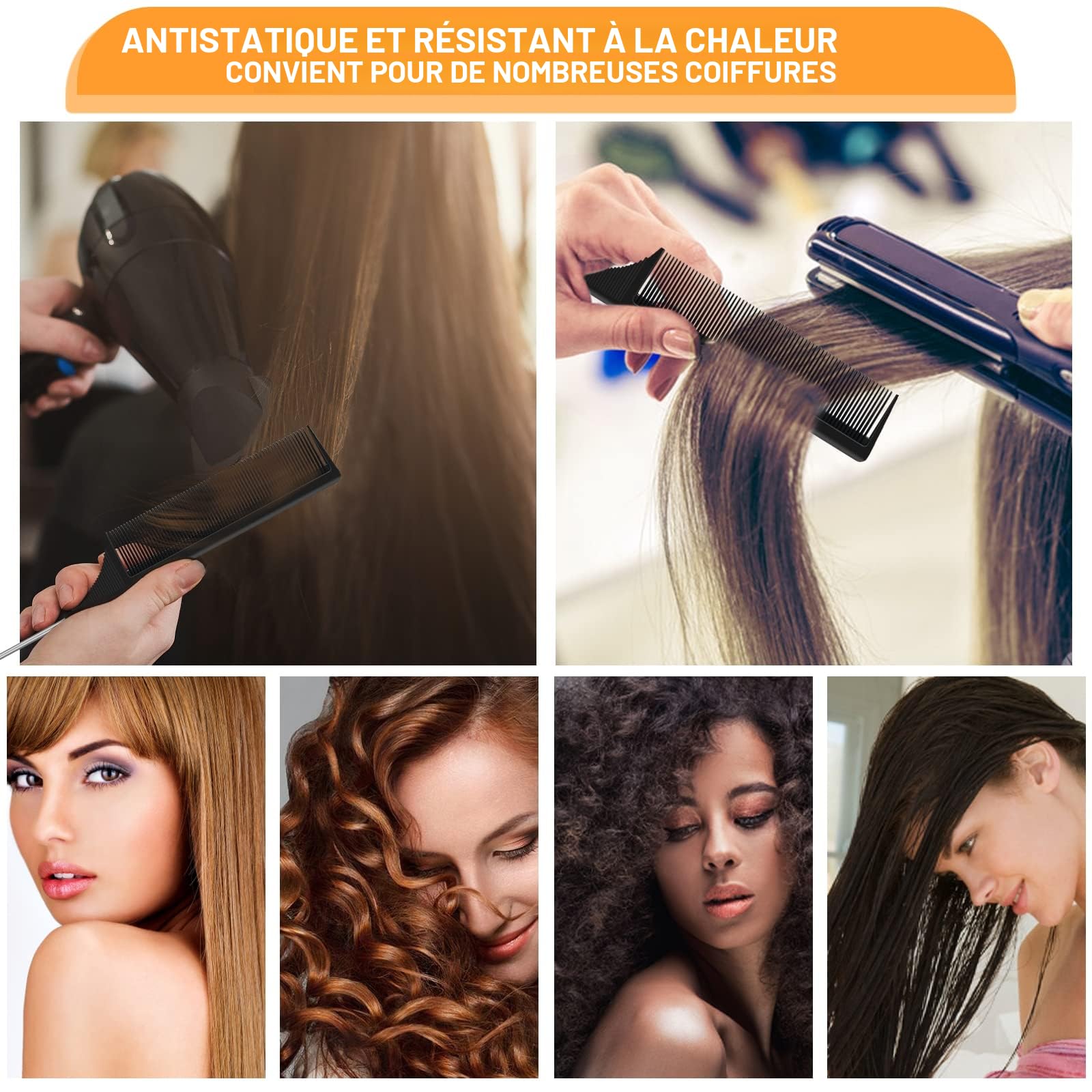 Sularpek 3 PCS Peigne à Queue Antistatique en Fibre de Carbone, Coiffant, de Séparation, à Queue de Rat pour Cheveux de Salon - Femmes et Hommes