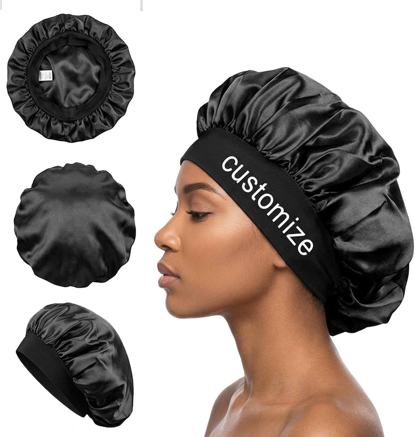 Bonnet En Satin Avec Image/Texte Personnalisé, Réutilisable Doux Et Confortable, Mèche élastique pour Dormir, Couvre-Cheveux de Nuit pour Cheveux Bouclés, Parfait Pour Protéger Vos Cheveux