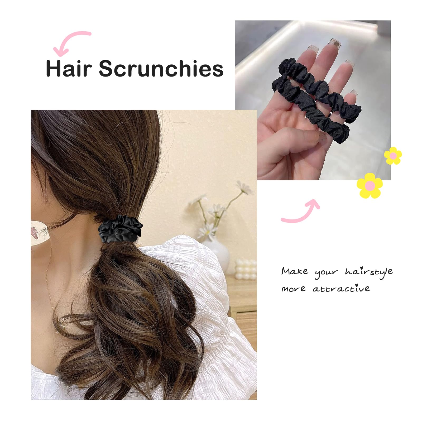Sularpek Chouchou Femme 4 Pièces - Elastique Satin Soie Antidérapant pour Cheveux - Noir - pour Femmes ou Filles