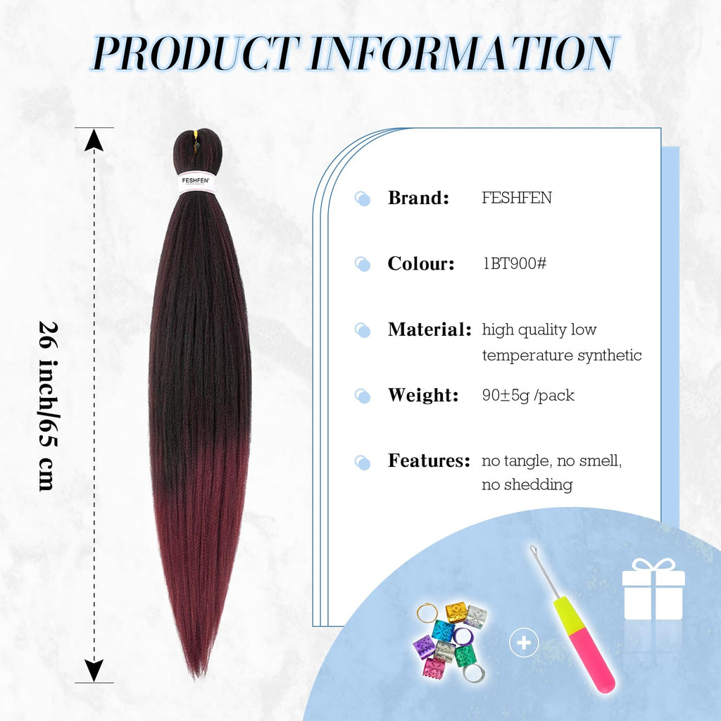 FESHFEN Meches pour Tresses Africaine Rajout Cheveux Tresses Pré étiré Tressage Braiding Hair Synthétiques Yaki 8 Packs Hair Braids Extensions de cheveux pour Femme 65cm Noir cassé à Auburn clair