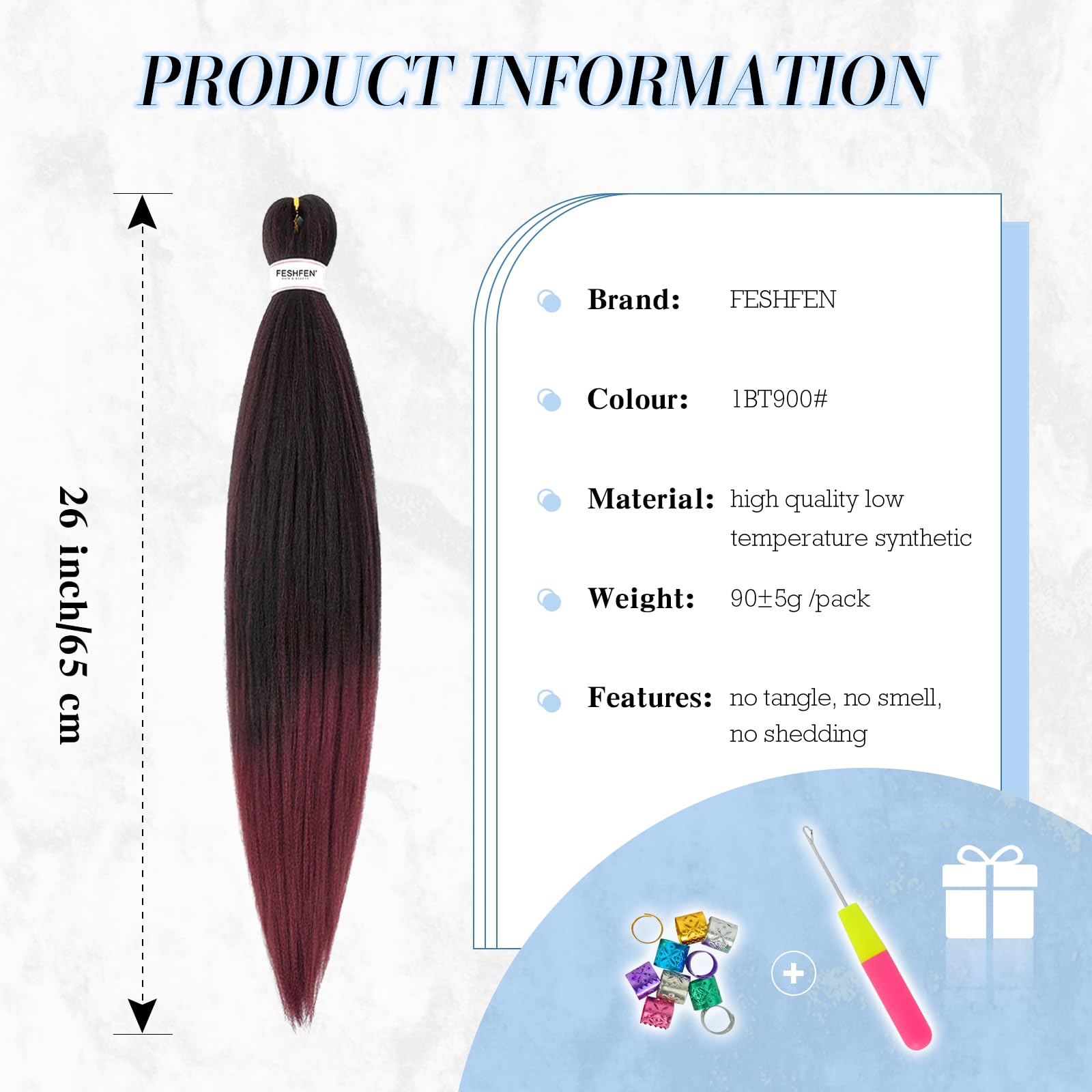 FESHFEN Meches pour Tresses Africaine Rajout Cheveux Tresses Pré étiré Tressage Braiding Hair Synthétiques Yaki 8 Packs Hair Braids Extensions de cheveux pour Femme 65cm Noir cassé à Auburn clair