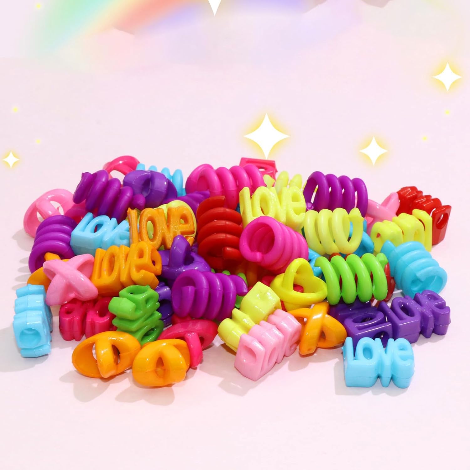 60 pièces perles à cheveux multicolores pour filles enfants tresses dreadlocks multi-formes LOVE spirale X avec aide à l'enfilage