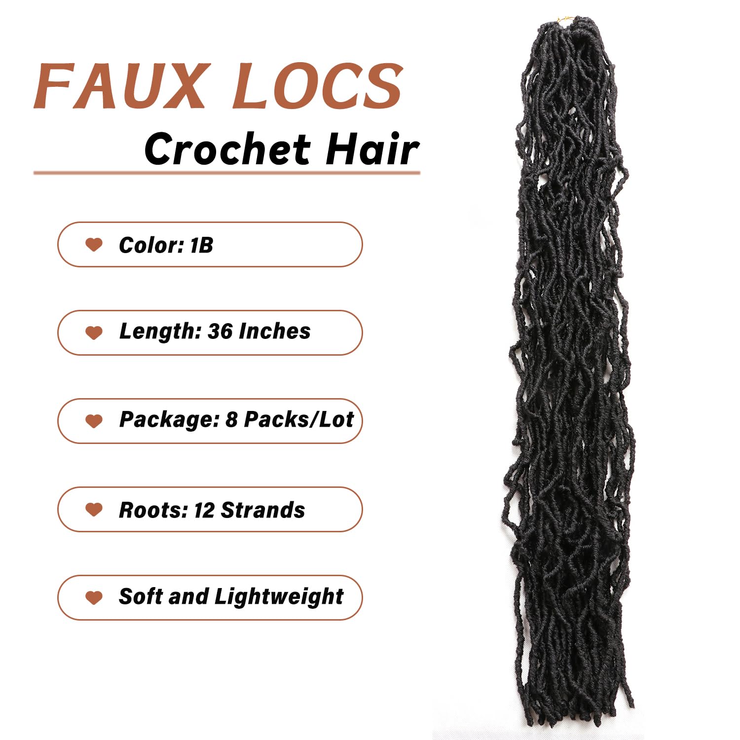 8 Packs Faux Locks Crochet Braids Meches Soft Locs Meches Pour Tresses Africaine Faux Locs Crochet Hair Meches Bouclees Pour Tresses (#1B, 60.9 CM(Lot de 8))