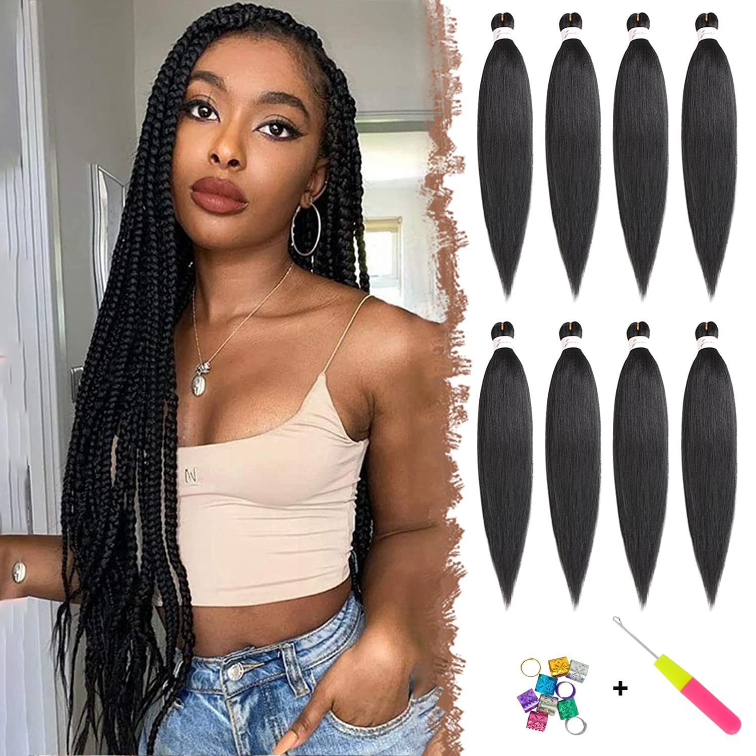 FESHFEN Meches pour Tresses Africaine Rajout Cheveux Tresses Pré étiré Tressage Braiding Hair Synthétiques Yaki 8 Packs Hair Braids Extensions de cheveux pour Femme 65cm Noir cassé à Auburn clair