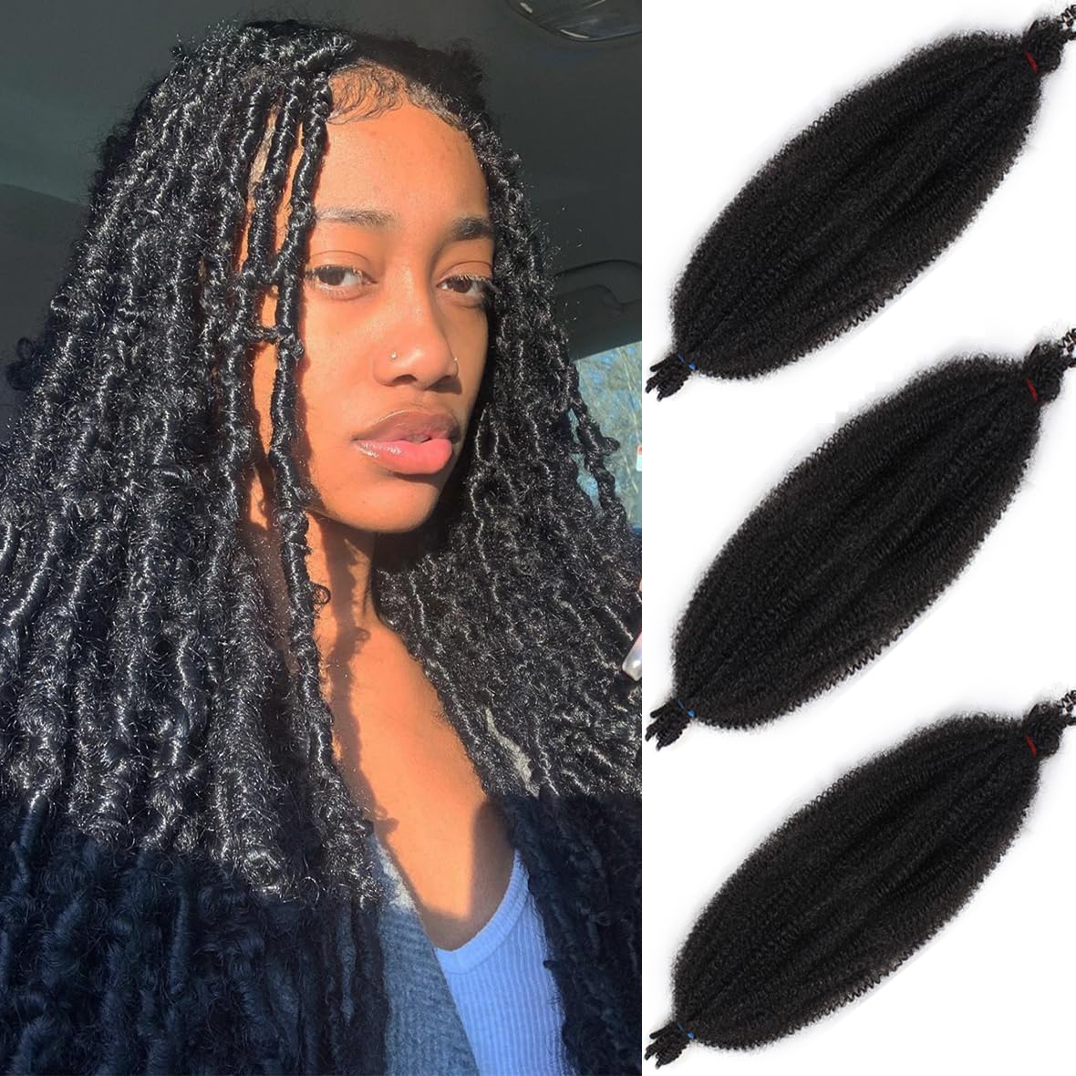 Leeven 16 Pouces Pre Separated Springy Twist Hair 8 Packs Pre-Fluffed Popping Crochet for Distressed Locs Afro Kinky Curly Marley Braiding Hair Extensions /1B#