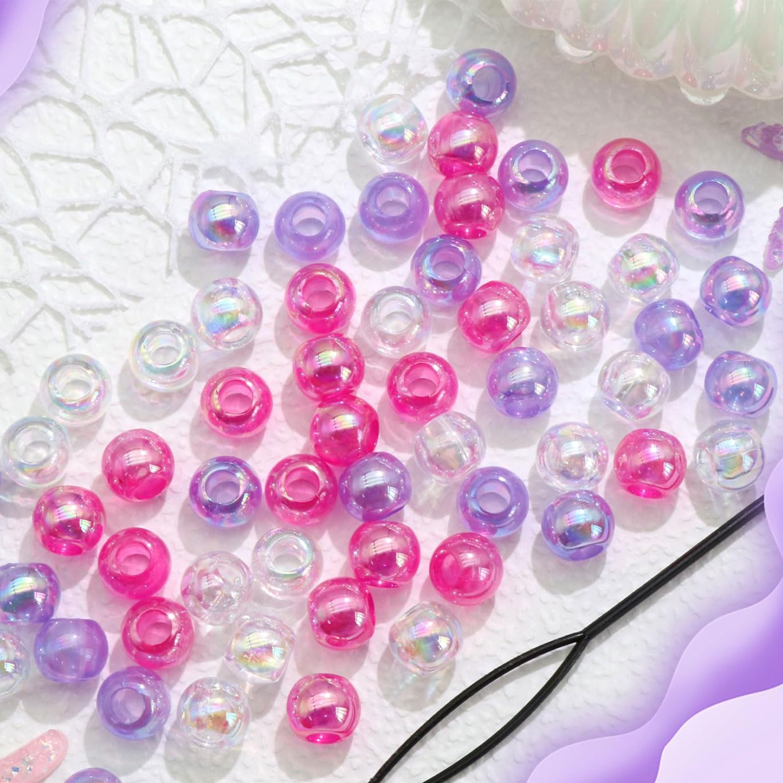 60PCS Perles à Tresser AB Pour Enfants Filles Perles Rondes en Acrylique Bleu Violet Transparent avec Aide à L'Enfilage
