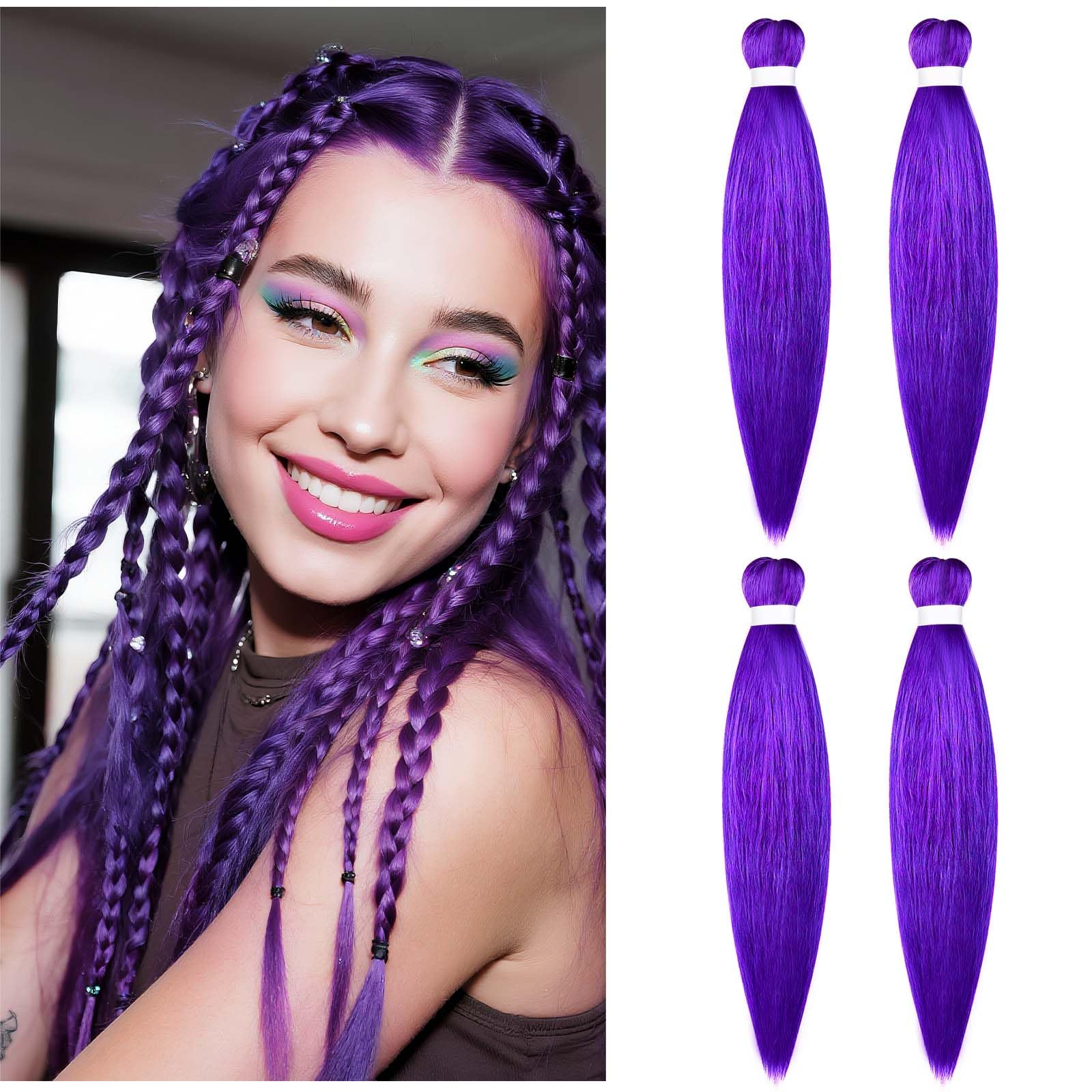 Aomig Rajout Cheveux Tressés Pré-étirés Violet, 4 Paquets 27 Pouces Meches Cheveux Extension Pre Stretched Braiding Hair Tresse Cheveux Synthétique Hair Hot Water Setting Crochet Extensions