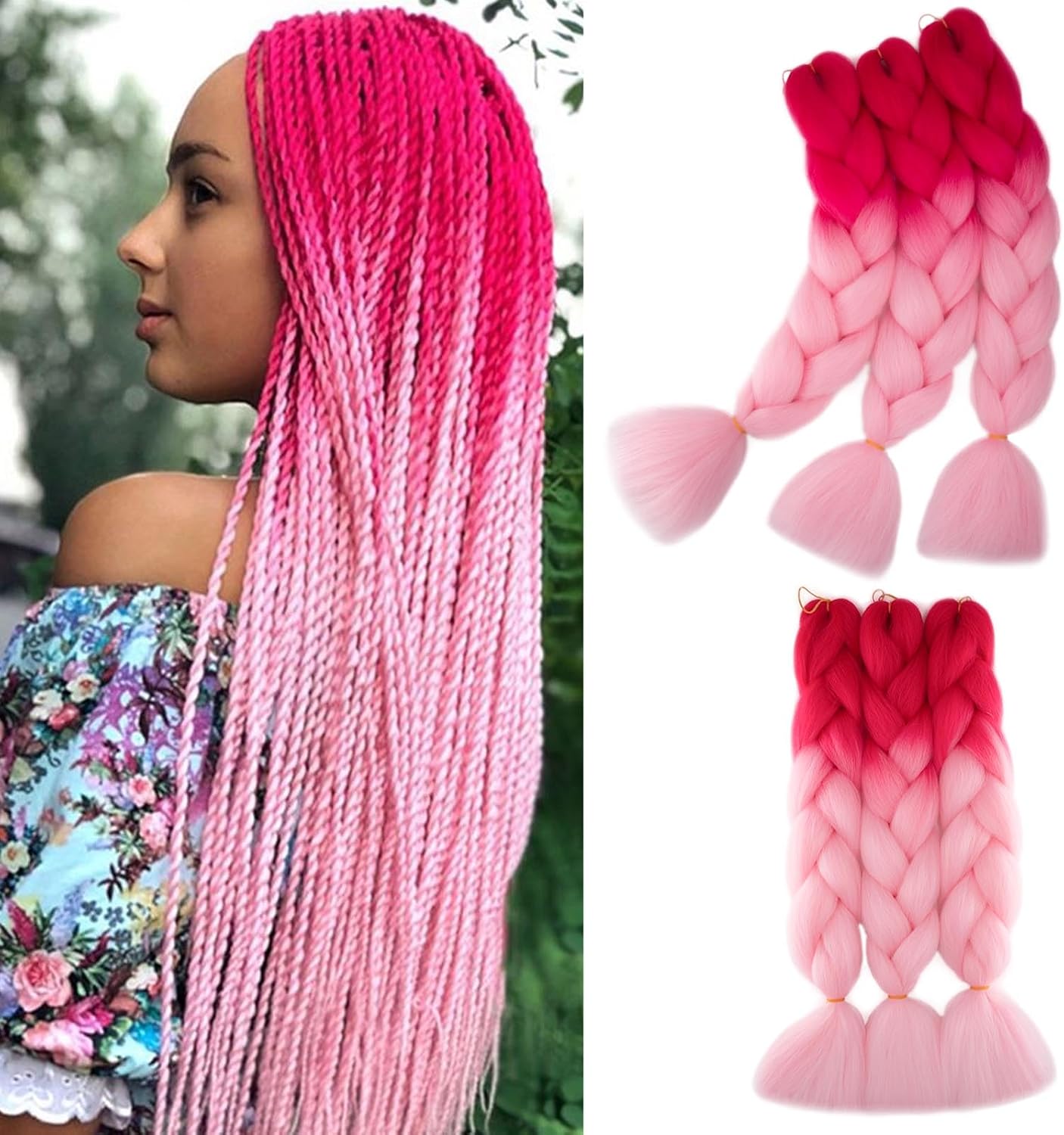 24" Meches pour Tresses Africaine Braids Meches Tresse Cheveux Rajout Cheveux Tressage 1 Paquet Crochet Braids Extension de Cheveux Afro pour Tresse Ombre Synthétiques (Rose)