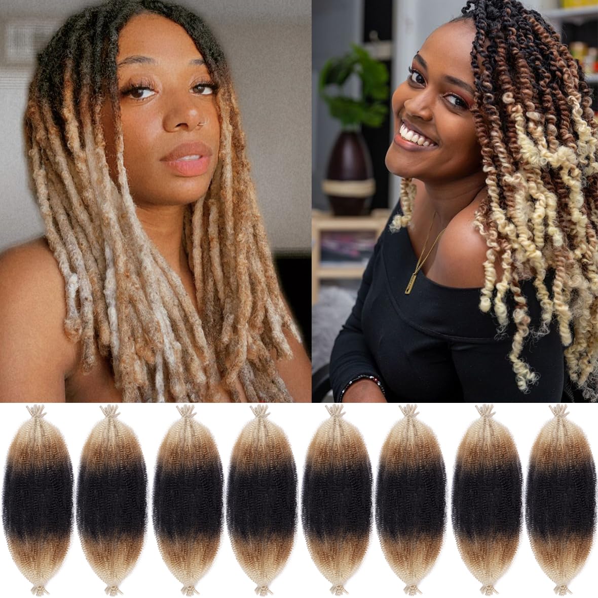 Leeven 16 Pouces Pre Separated Springy Twist Hair 8 Packs Pre-Fluffed Popping Crochet for Distressed Locs Afro Kinky Curly Marley Braiding Hair Extensions /1B#