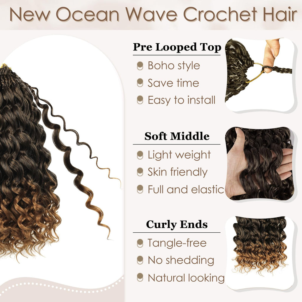 Enbeautiful 14 Inch 8 Packs Pre-Looped Ocean Wave Crochet Hair Pre-Twisted Deep Water Beach Curly Braiding Hair Synthetic Boho Wavy Curly Hair Extensions for Women（14 Inch,TBug）