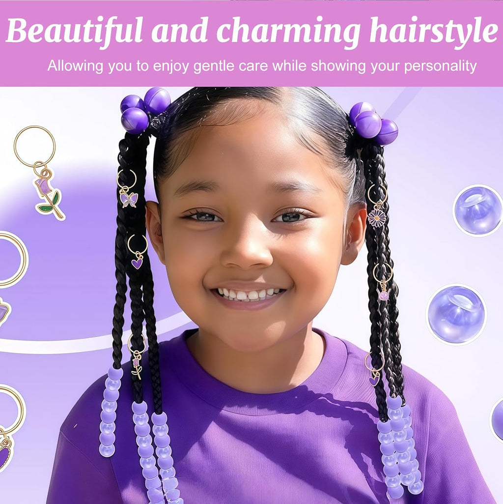 50 pièces de perles violettes pour tresses et dreadlocks – Ensemble d'accessoires de cheveux avec clips fleurs, cœur et couronne – Perles colorées pour filles et femmes – Accessoires de