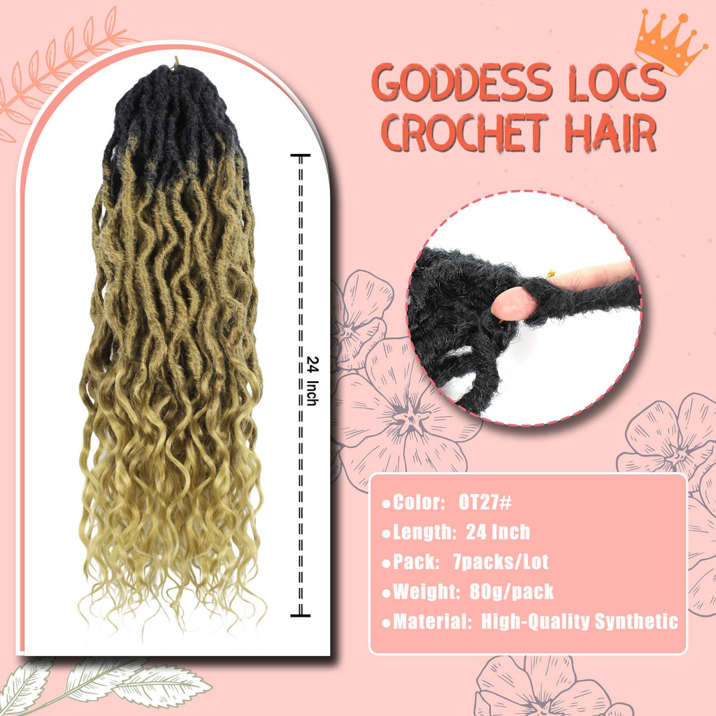 Faux Locs Crochet Hair 24Inch 7 Packs Pre-Looped Ombre Soft Locs With Curly Ends Dreadlock Goddess Loc Crochet Hair for Women（24Inch，OT1B/30/27#）