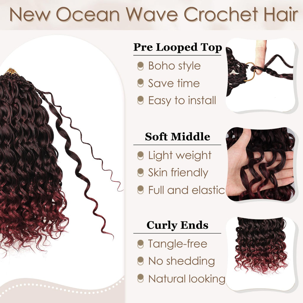 Enbeautiful 14 Inch 8 Packs Pre-Looped Ocean Wave Crochet Hair Pre-Twisted Deep Water Beach Curly Braiding Hair Synthetic Boho Wavy Curly Hair Extensions for Women（14 Inch,TBug）