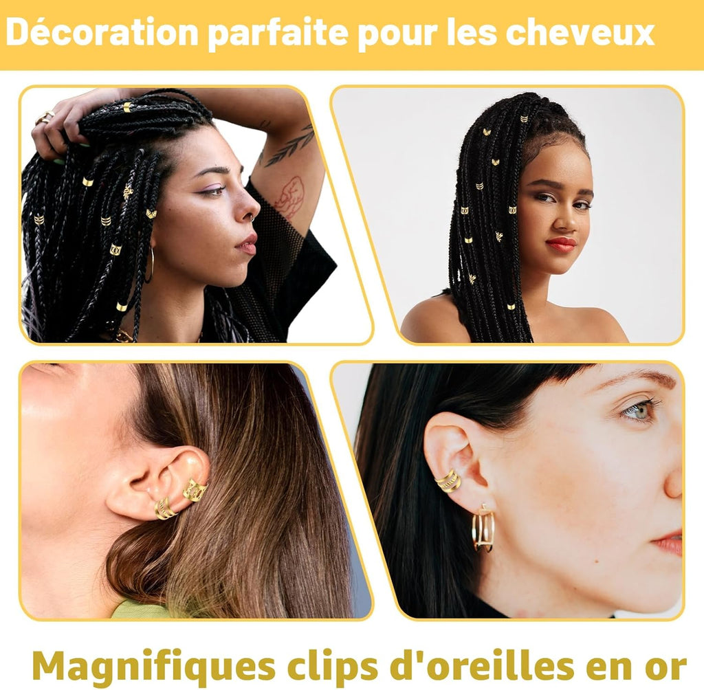 Tyqour Lot de 50 Pièces Bijoux Cheveux Tresse Doré, Bijoux de Cheveux, à Cheveux Dorées Pour Tresses, Accessoires Pour Dreadlocks, Accessoires Pour Dreadlocks, Pour Hommes, Femmes