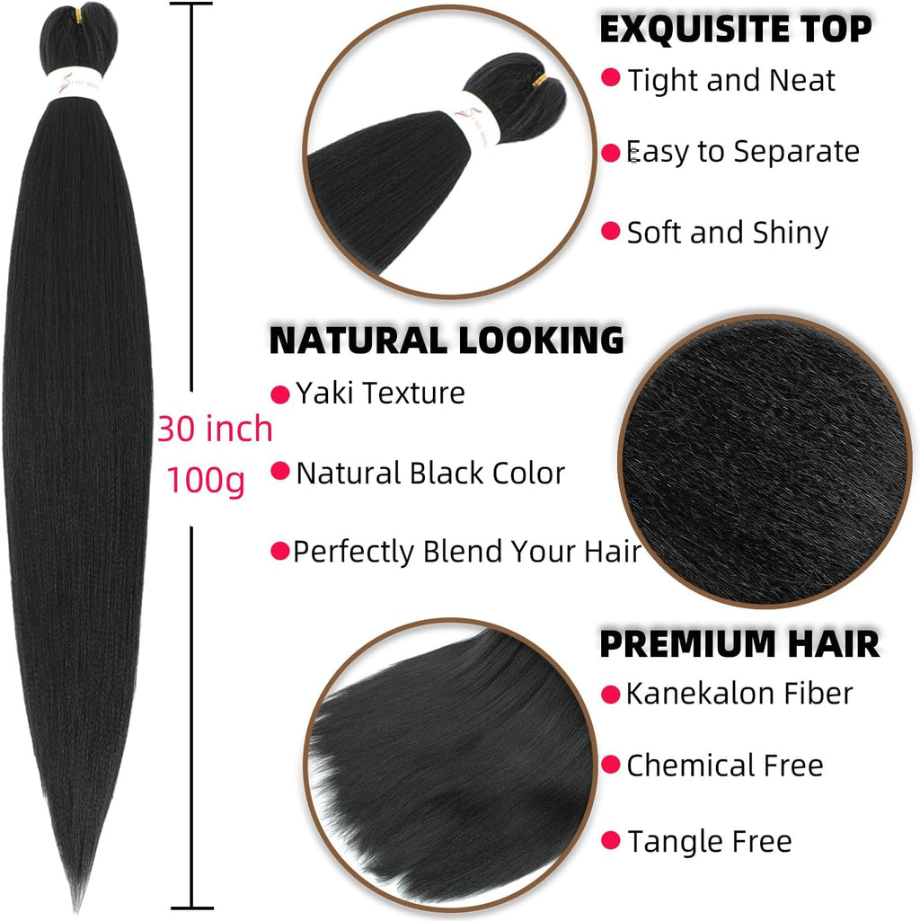 Rajout Cheveux Tressés Pré-étirés Noir Naturelles Black 30 Pouces Long Kanekalon Easy Braids Meches Cheveux pour Tresses Africaine 6 Paquets Knotless Yaki Nattes Extensions de Cheveux(1B#)