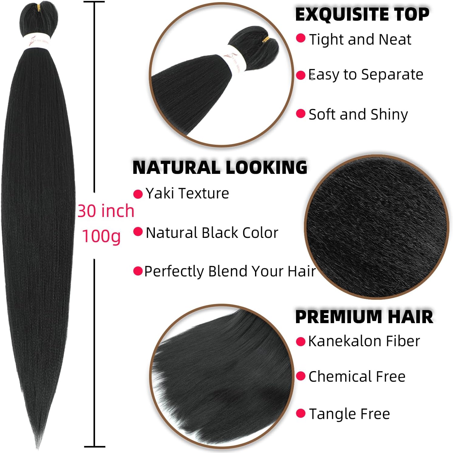 Rajout Cheveux Tressés Pré-étirés Noir Naturelles Black 30 Pouces Long Kanekalon Easy Braids Meches Cheveux pour Tresses Africaine 6 Paquets Knotless Yaki Nattes Extensions de Cheveux(1B#)