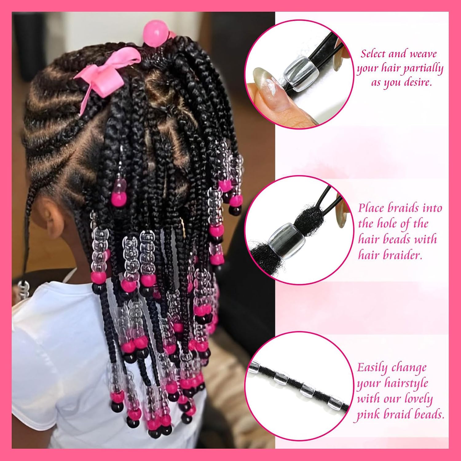 50PCS Perles à Cheveux Transparentes pour Tresses, Grosses Perles en Acrylique, Accessoires pour Dreadlocks, Bijoux pour Cheveux pour Enfants Filles avec Aide à