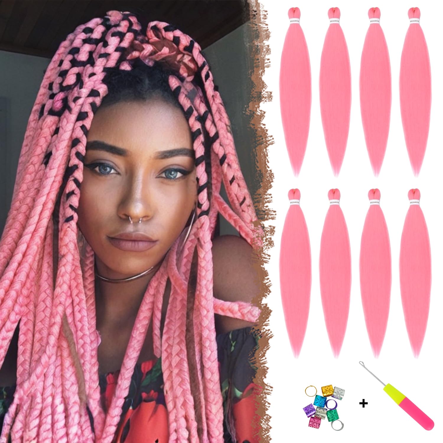 FESHFEN Meches pour Tresses Africaine Rajout Cheveux Tresses Pré étiré Tressage Braiding Hair Synthétiques Yaki 8 Packs Hair Braids Extensions de cheveux pour Femme 65cm Noir cassé à Auburn clair