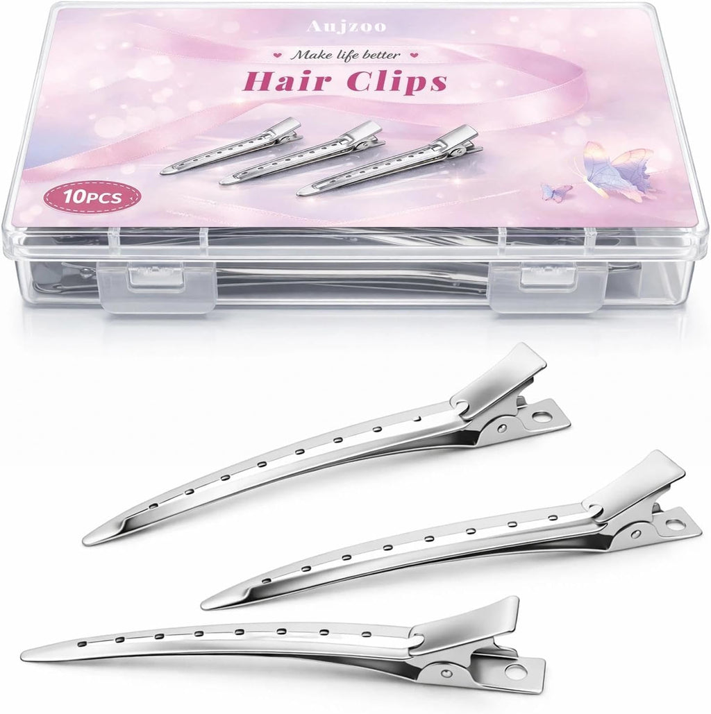 Lot de 10 Pinces Crocodile Cheveux Métal 9 cm – Pinces à Cheveux Femme Bec de Canard avec Boîte – Idéales pour Brushing, Bigoudis, Coloration & Coiffure à Domicile – Argenté