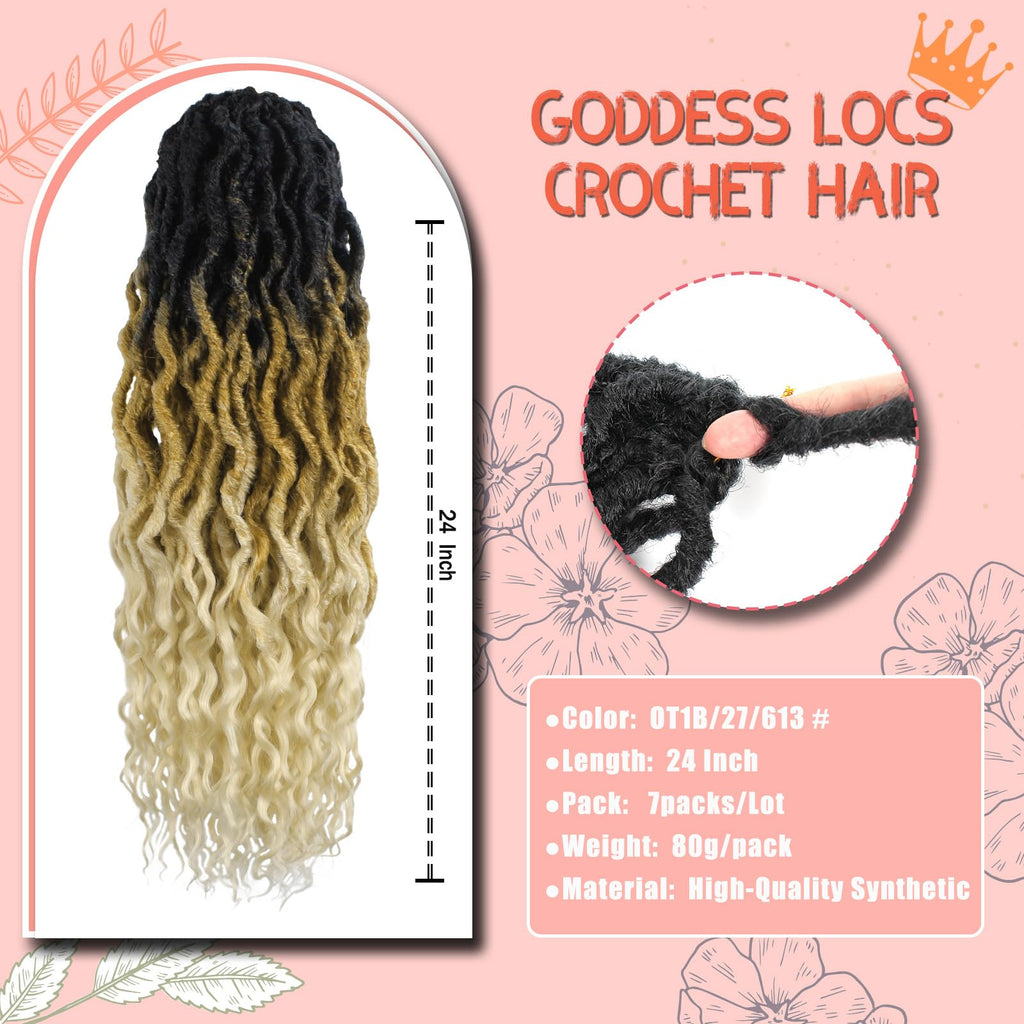 Faux Locs Crochet Hair 24Inch 7 Packs Pre-Looped Ombre Soft Locs With Curly Ends Dreadlock Goddess Loc Crochet Hair for Women（24Inch，OT1B/30/27#）