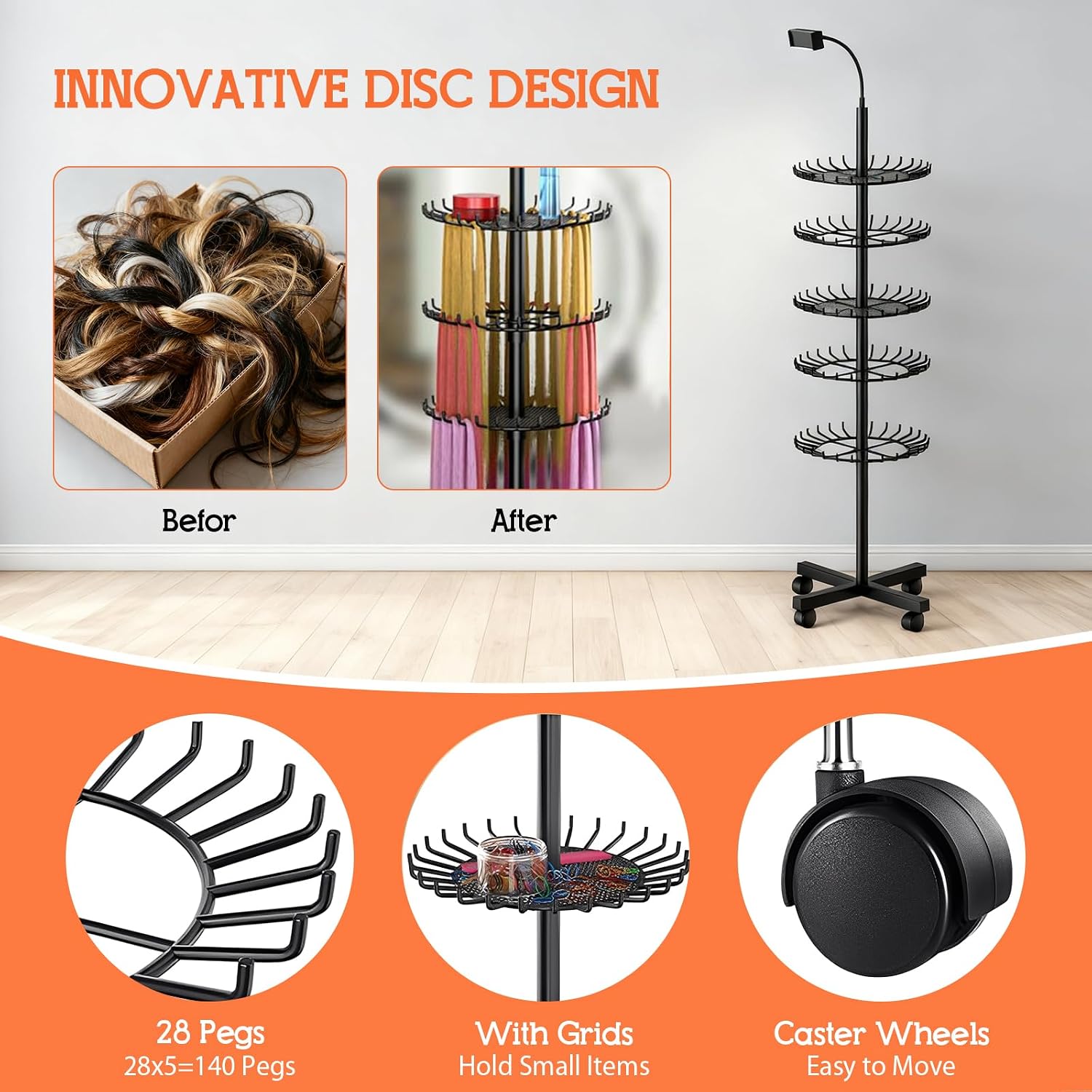 JAOGAUS Support de Perruque, Porte Perruques avec Support pour Téléphone, Réglable en Hauteur avec 140 Pinces pour le Rangement des Perruques, Extension de Cheveux