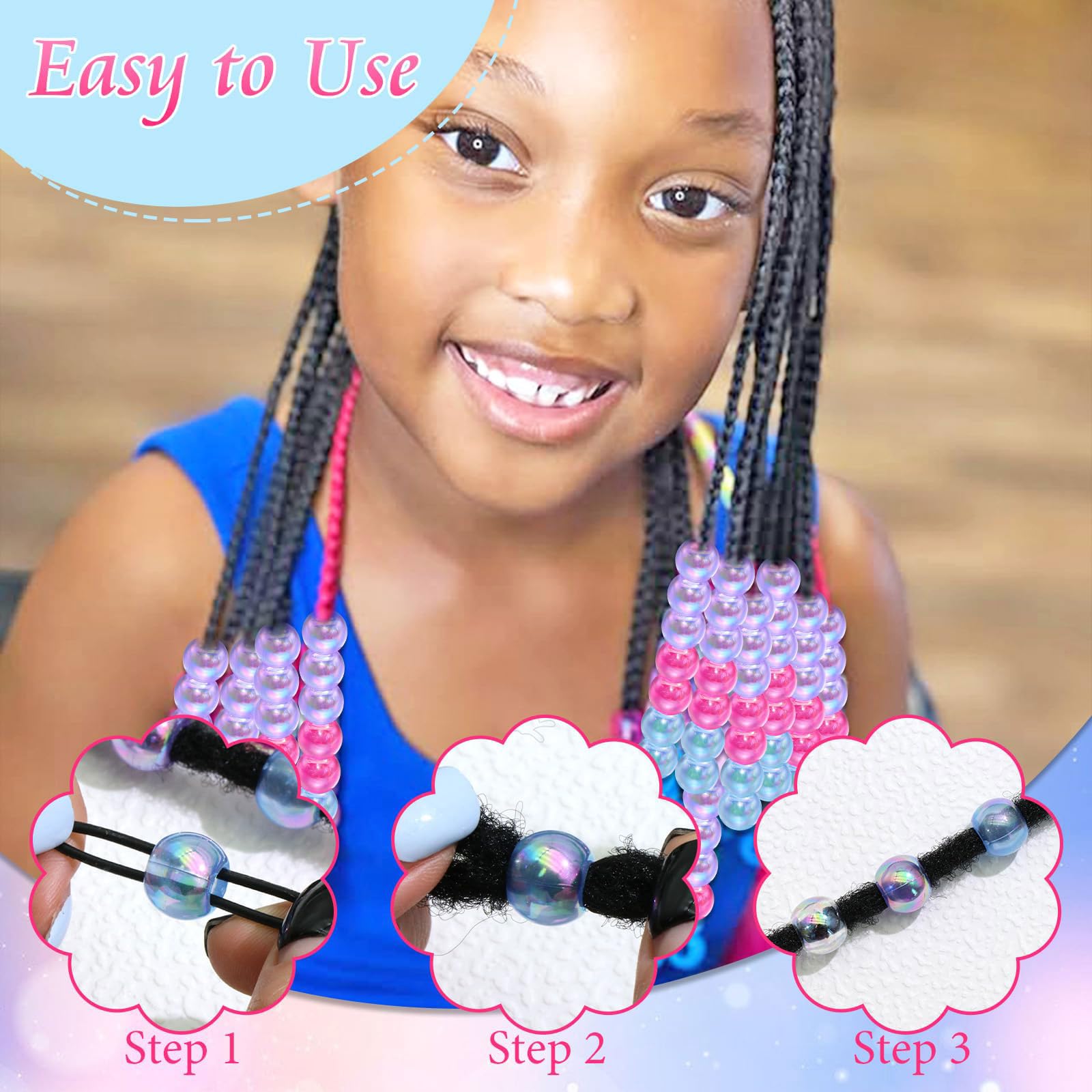 60PCS Perles à Tresser AB Pour Enfants Filles Perles Rondes en Acrylique Bleu Violet Transparent avec Aide à L'Enfilage