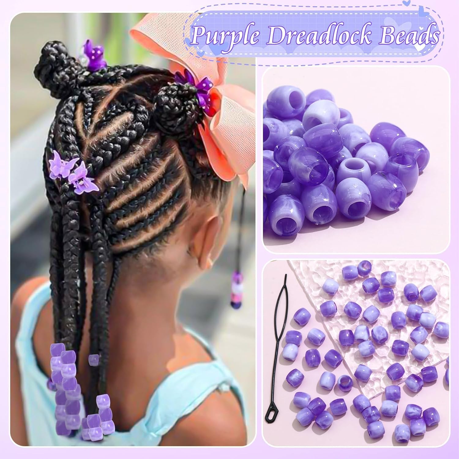 50PCS Perles à Cheveux Transparentes pour Tresses, Grosses Perles en Acrylique, Accessoires pour Dreadlocks, Bijoux pour Cheveux pour Enfants Filles avec Aide à