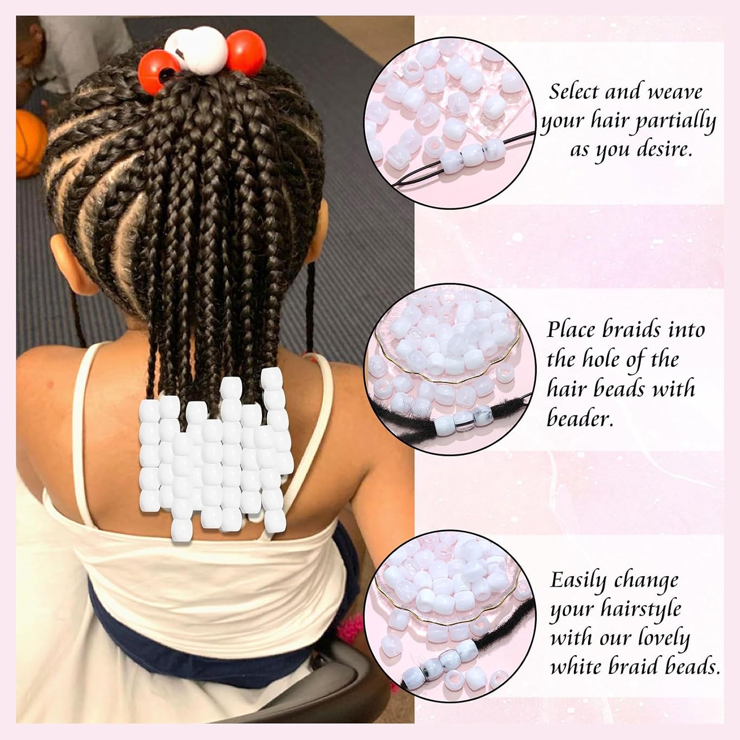 50PCS Perles à Cheveux Transparentes pour Tresses, Grosses Perles en Acrylique, Accessoires pour Dreadlocks, Bijoux pour Cheveux pour Enfants Filles avec Aide à