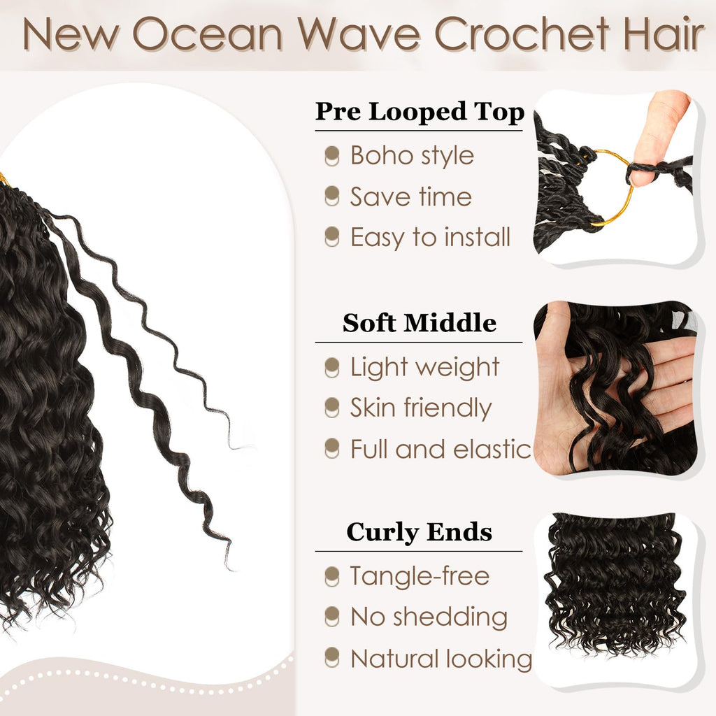 Enbeautiful 14 Inch 8 Packs Pre-Looped Ocean Wave Crochet Hair Pre-Twisted Deep Water Beach Curly Braiding Hair Synthetic Boho Wavy Curly Hair Extensions for Women（14 Inch,TBug）