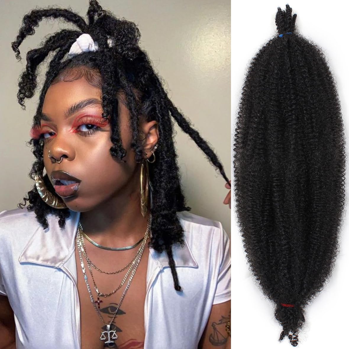 Leeven 16 Pouces Pre Separated Springy Twist Hair 8 Packs Pre-Fluffed Popping Crochet for Distressed Locs Afro Kinky Curly Marley Braiding Hair Extensions /1B#
