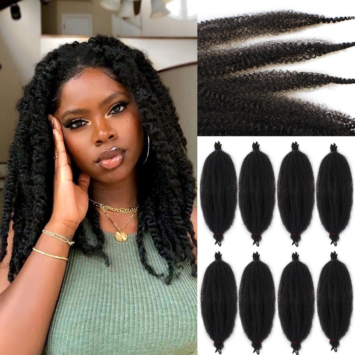 Leeven 16 Pouces Pre Separated Springy Twist Hair 8 Packs Pre-Fluffed Popping Crochet for Distressed Locs Afro Kinky Curly Marley Braiding Hair Extensions /1B#
