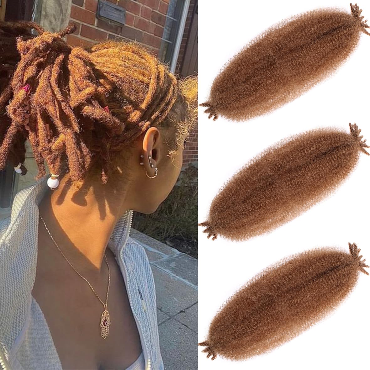 Leeven 16 Pouces Pre Separated Springy Twist Hair 8 Packs Pre-Fluffed Popping Crochet for Distressed Locs Afro Kinky Curly Marley Braiding Hair Extensions /1B#